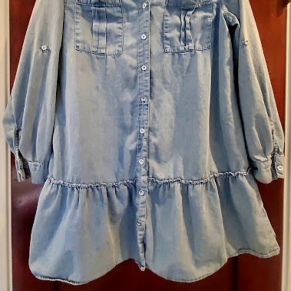 M Light Blue Mazik Button Down Distressed Denim Shirt Dress/Tunic 100% Cotton - Picture 12 of 16